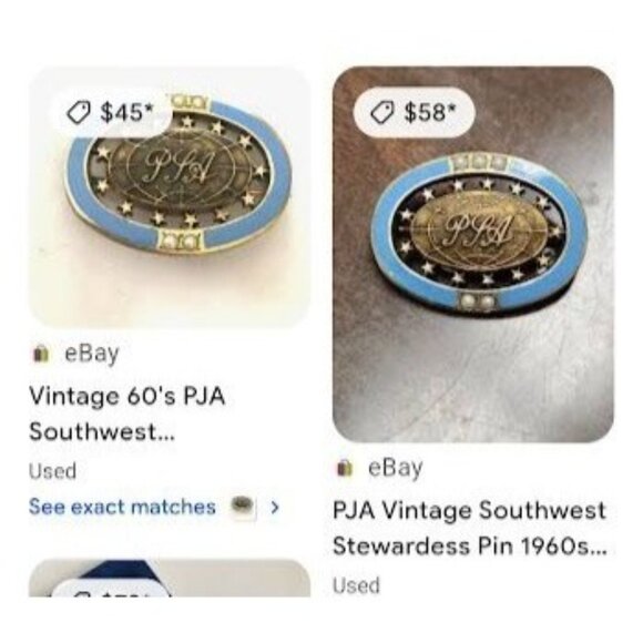 VTG 60s PJA Southwest Stewardess Gold Tone Pin Brooch Enamel Pearl Airplane Fly - Picture 4 of 4